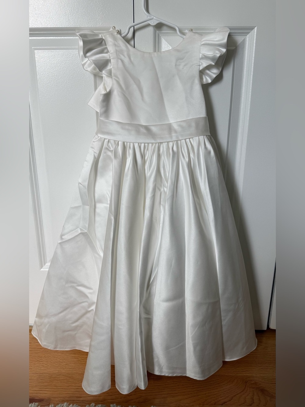 Custom size 7 slim White Satin Flower Girl Dress with Ruffle Sleeves